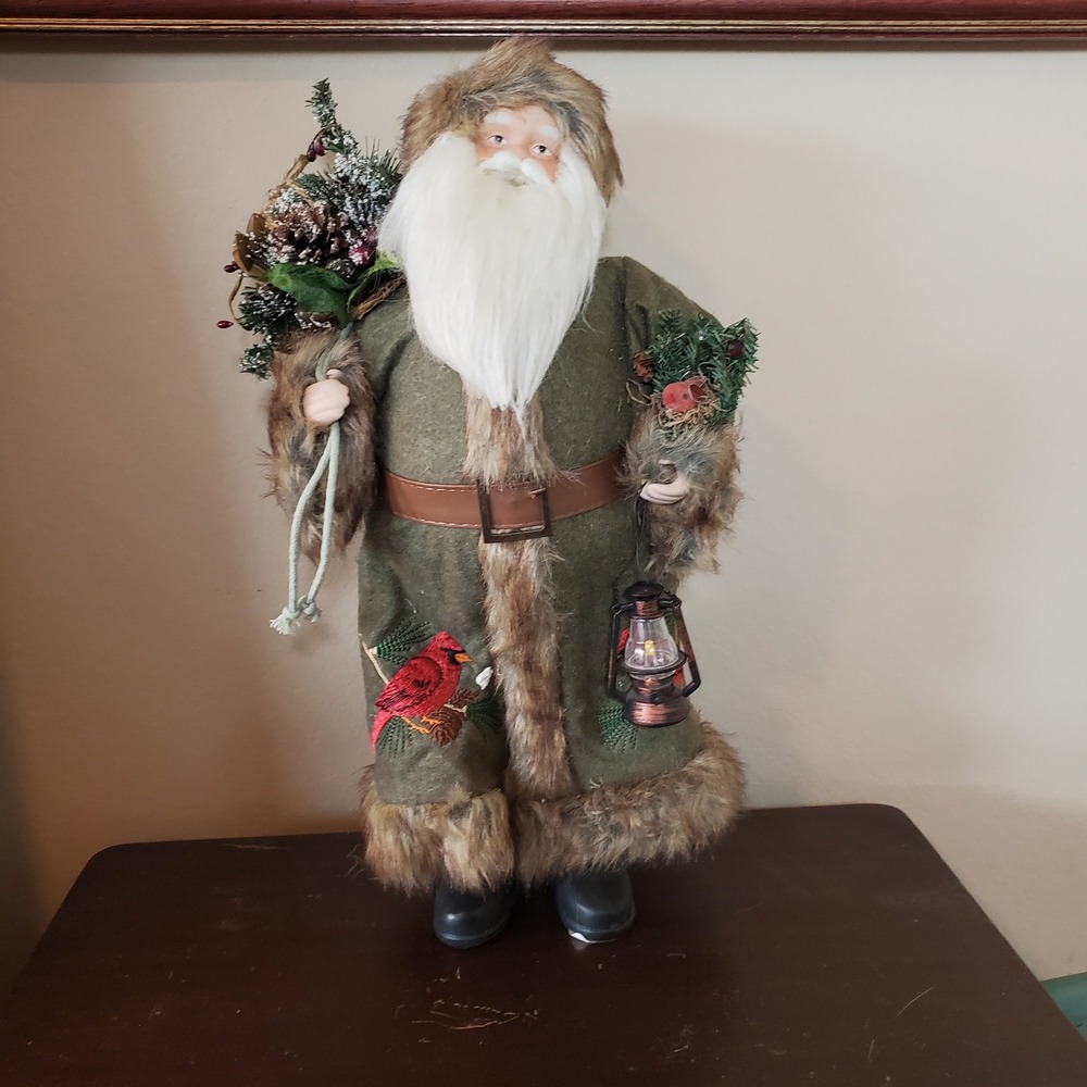 Rustic Woodland Santa Claus Figurine 19" Olive Green Faux Fur Cardinal Lantern